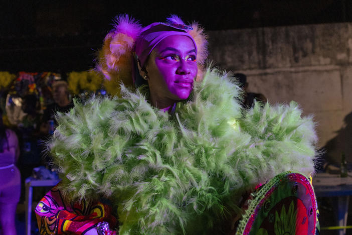 Joyce Cecília, 27, member of the Brilhetes all-women bate-bola crew after the group's first carnival outing in Anchieta, Rio de Janeiro on February 09, 2023.
