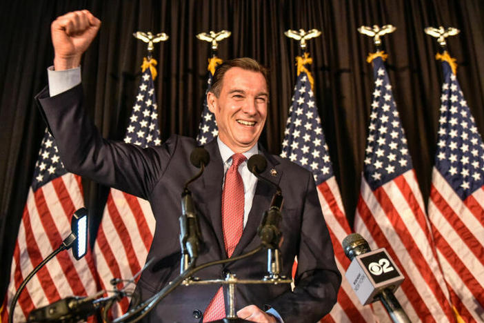 Democratic U.S. House candidate Tom Suozzi celebrates his victory in the special election to replace Republican Rep. George Santos on Tuesday in Woodbury, N.Y. Suozzi defeated Republican Mazi Pilip in a closely watched race.