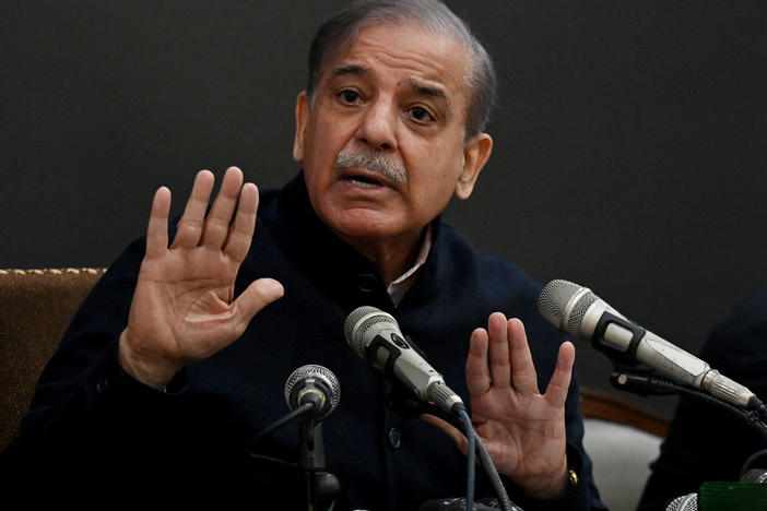 Pakistan's former prime minister and leader of the Pakistan Muslim League-Nawaz party Shehbaz Sharif speaks during a press conference in Lahore on Feb. 13, 2024.