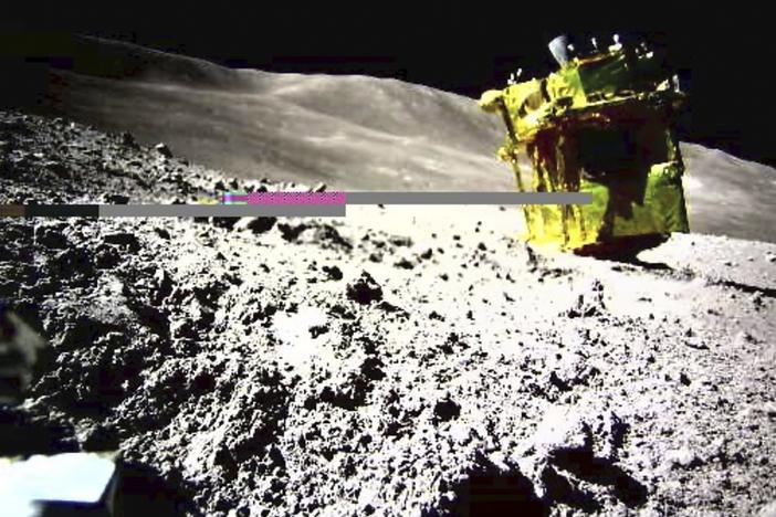 This image provided by the Japan Aerospace Exploration Agency/Takara Tomy/Sony Group Corporation/Doshisha University shows an image taken by a Lunar Excursion Vehicle 2 (LEV-2) of a robotic moon rover called Smart Lander for Investigating Moon, or SLIM, on the moon.