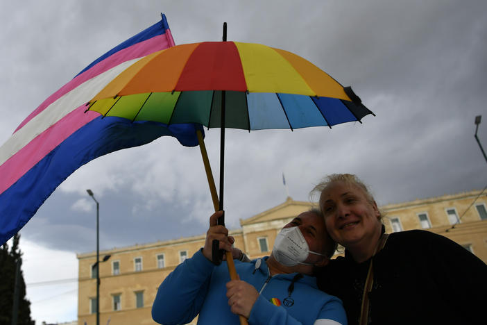 Supporters of same-sex marriage bill take part in a rally at central Syntagma Square, in Athens, Greece, on Thursday.