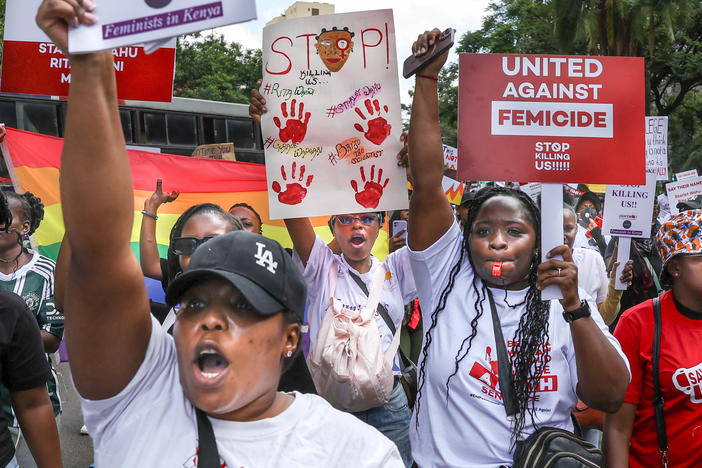 Activists march through the Central Business District of Nairobi on Jan. 27 at a demonstration calling for government action to address the murders of young women.