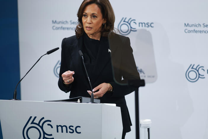 Vice President Harris speaks at the Munich Security Conference in Germany on Friday..