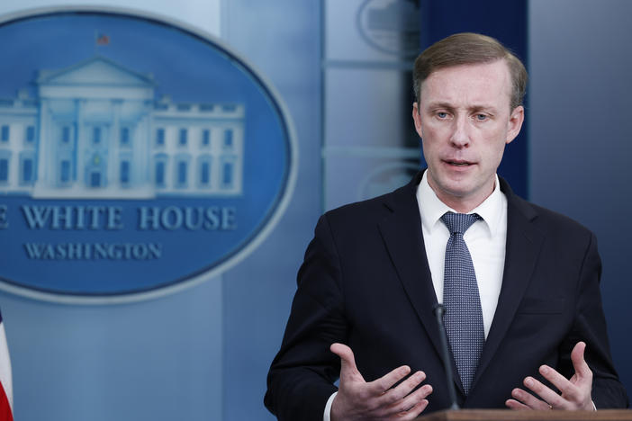 National security adviser Jake Sullivan, pictured at a White House briefing on Wednesday, spoke to <em>Morning Edition</em> about Russia's anti-satellite capability, U.S. aid to Ukraine and reports of the death of Alexei Navalny.