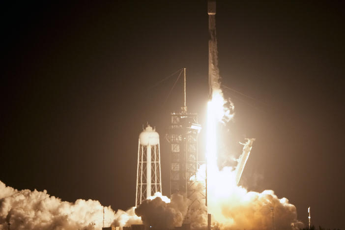 A SpaceX Falcon 9 rocket lifts off from Kennedy Space Center in Cape Canaveral, Fla., on Feb. 15, 2024. The rocket is carrying Intuitive Machines' lunar lander on its way to the moon, with a planned Feb. 22 touchdown.