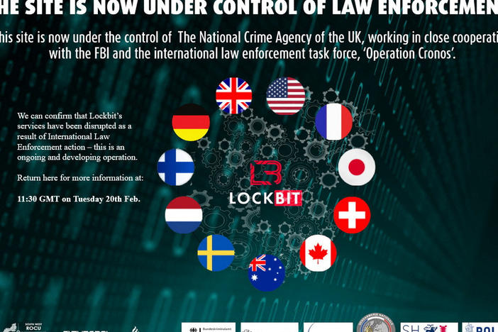 A screenshot taken on February 19, 2024 shows a take down notice that a group of global intelligence agencies issued to a dark web site called Lockbit.