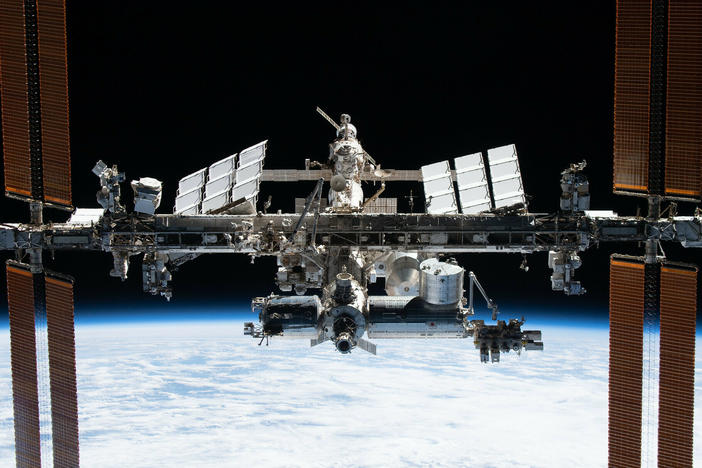 The International Space Station is pictured from the SpaceX Crew Dragon Endeavour during a fly around of the orbiting lab on Nov. 8, 2021.