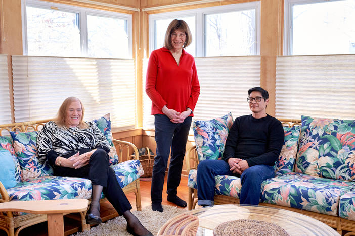 (From left to right) Portrait of Nicole Brownstein, Bernie Wagenblast, and Patrick Buenaventura at Wagenblast's home in Cranford, NJ, on Monday, Feb. 19, 2024.