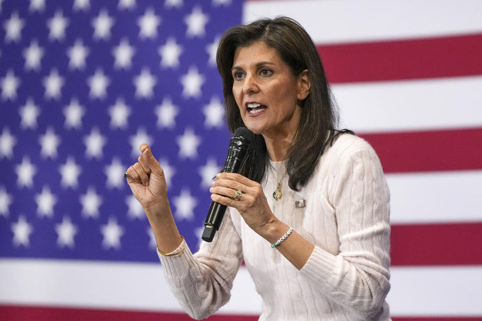 Republican presidential candidate and former U.N. Ambassador Nikki Haley speaks at a campaign event on Monday in Greer, S.C.