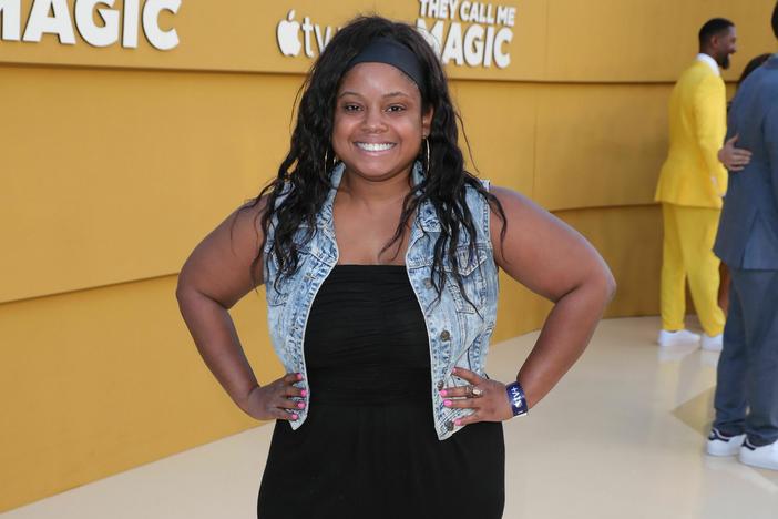 Hydeia Broadbent attends the Los Angeles premiere of Apple's "They Call Me Magic" at Regency Village Theatre on April 14, 2022 in Los Angeles, Calif.