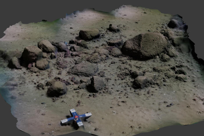A 3D model of a short section of the stone wall. The scale at the bottom of the image measures 50 cm.