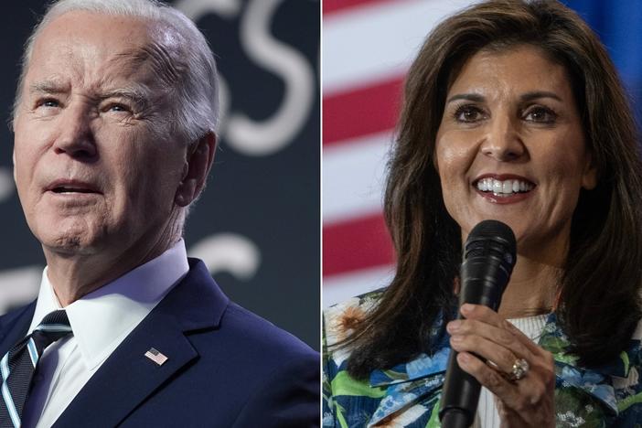 Left: President Joe Biden delivers remarks to the National Association of Counties Legislative Conference on Feb. 12 in Washington. Right: Nikki Haley, former governor of South Carolina and 2024 Republican presidential candidate, during a bus tour campaign event in South Carolina on Feb. 21.