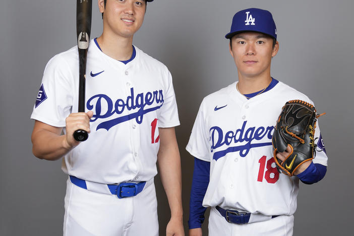 Some critics of the new MLB uniform have pointed to this photo of Los Angeles Dodgers hitter Shohei Ohtani, (left), and starting pitcher Yoshinobu Yamamoto, taken on Wednesday, as an example of how see-through the new pants are.