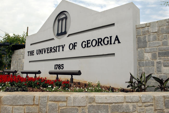 A sign for the University of Georgia is seen, May 28, 2004, in Athens, Ga. A woman was found dead Thursday, Feb. 22, 2024, on the campus of the University of Georgia after a friend told police she had not returned from a morning run, the university said.