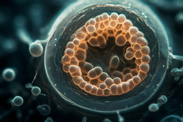 An illustration of the blastocyst stage of embryo development at about five to nine days after fertilization. The outer layer will grow to form the placenta. The inner cells will become the fetus.