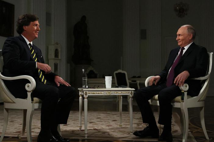 Russia's President Vladimir Putin gives an interview to Tucker Carlson at the Kremlin in Moscow.