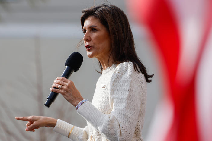 Republican presidential hopeful and former U.N. Ambassador Nikki Haley speaks during a campaign stop in Georgetown, S.C., on Thursday, ahead of the state's GOP primary on Saturday.