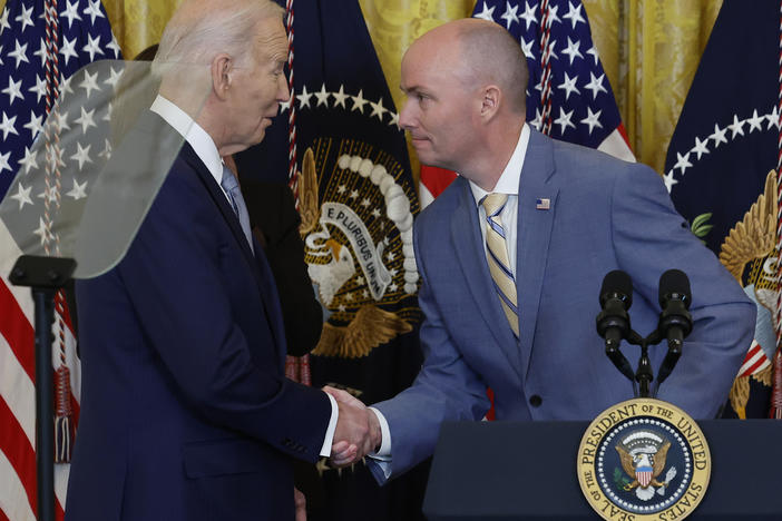 President Biden shakes hands with Utah Gov. Spencer Cox during a meeting with governors from across the country at the White House on Feb. 23.