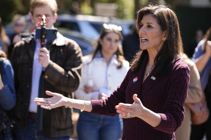 Republican presidential candidate former UN Ambassador Nikki Haley talks to the media after voting Saturday in Kiawah Island, S.C. Haley called former President Donald Trump's comments about Black voters "disgusting."