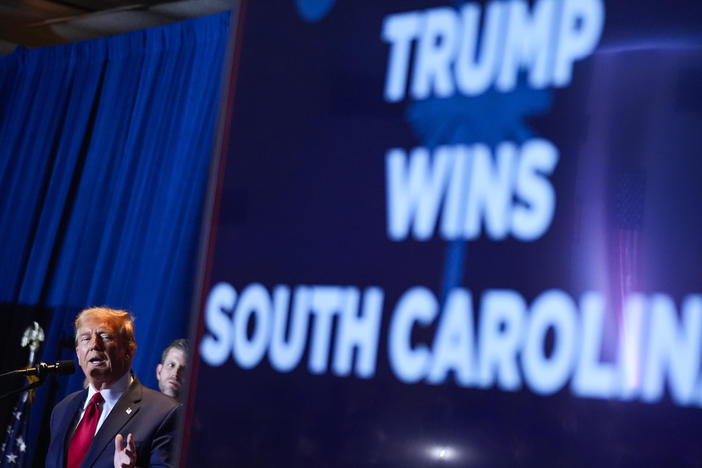 Republican presidential candidate former President Donald Trump speaks at a primary election night party at the South Carolina State Fairgrounds in Columbia, S.C., on Saturday.