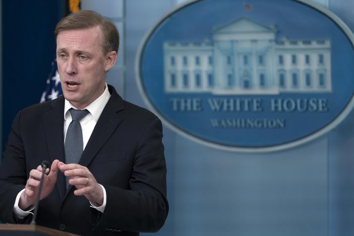 National security adviser Jake Sullivan speaks during a press briefing at the White House in Washington on Feb. 14.