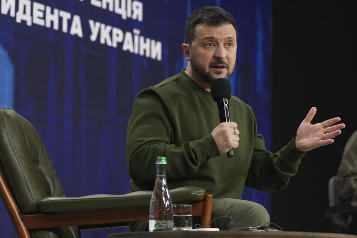 Ukrainian President Volodymyr Zelenskyy answers media questions, during his press conference in Kyiv, Ukraine, on Sunday.