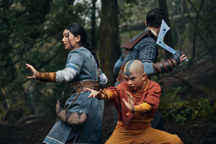 Kiawentiio as Katara, Gordon Cormier as Aang and Ian Ousley as Sokka.