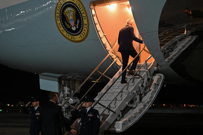 President Biden boards Air Force One on Feb. 26 after a quick trip to New York for a campaign event.