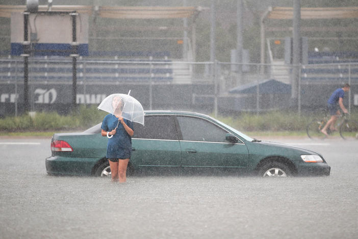 A flooded parking lot on the campus of Rice University after it was inundated with water from Hurricane Harvey in August 2017.