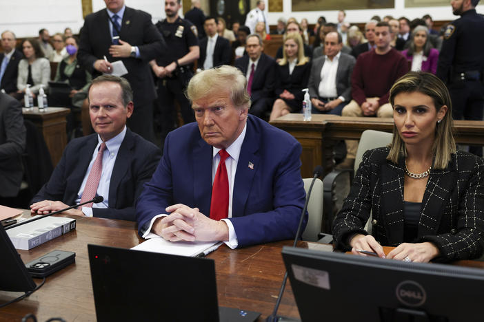 Former U.S. President Donald Trump, with lawyers Christopher Kise and Alina Habba, attends the closing arguments in the Trump Organization civil fraud trial at New York State Supreme Court in the Manhattan borough of New York, Jan. 11, 2024.