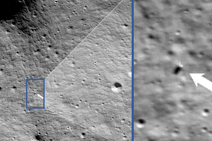 These photos provided by NASA show images from NASA's Lunar Reconnaissance Orbiter Camera team which confirmed Odysseus completed its landing.