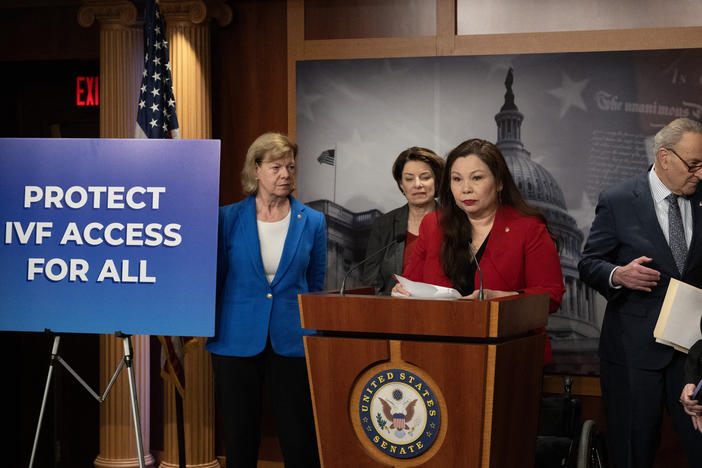 US Senator Tammy Duckworth (D-IL) speaks during a news conference, on protections for access to in vitro fertilization. Last week the Alabama Supreme Court ruled that frozen embryos have the same rights as children and people can be held liable for destroying them.