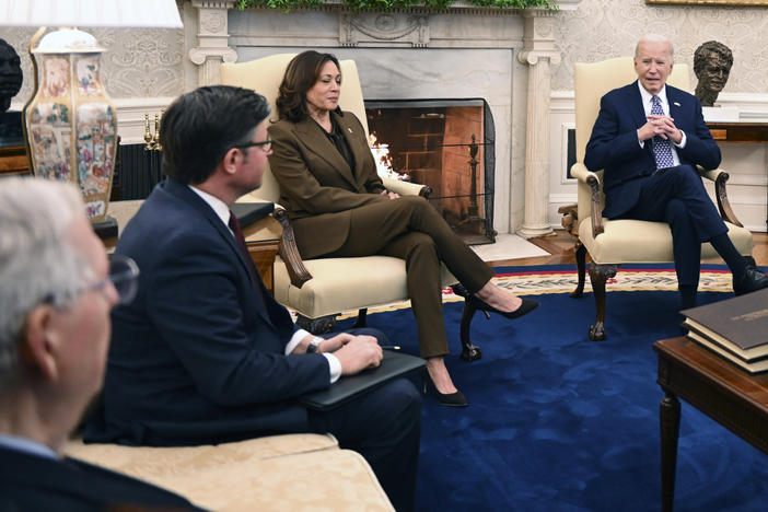 President Biden and Vice President Harris met with House Speaker Mike Johnson and other top congressional leaders in the Oval Office on Tuesday to discuss government funding and Ukraine aid.