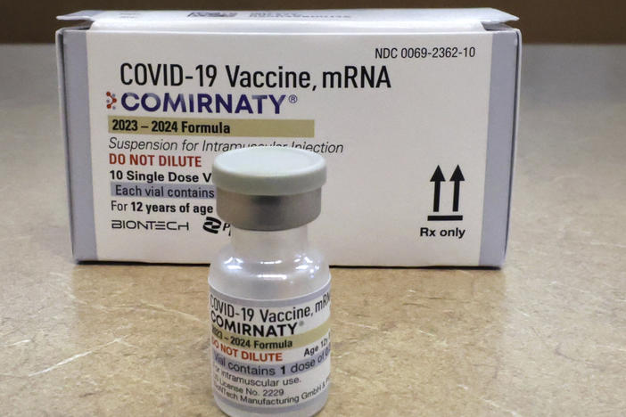 Comirnaty, a new Pfizer/BioNTech vaccination booster for COVID-19, is displayed at a pharmacy in Orlando, Fla., on Friday, Sept. 15, 2023.