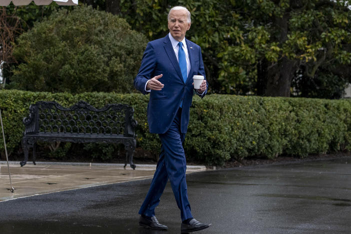 President Biden walks out of the White House on Wednesday to board Marine One for a short trip to Walter Reed National Military Medical Center in Bethesda, Md., for his annual physical.