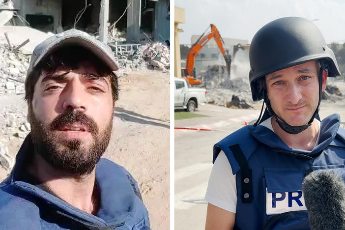 Left: NPR producer Anas Baba reports in Rafah, southern Gaza, after an Israeli strike hit the area on Oct. 17, 2023. Right: NPR's Jerusalem correspondent Daniel Estrin reports in Sderot, Israel on Oct. 11, 2023.