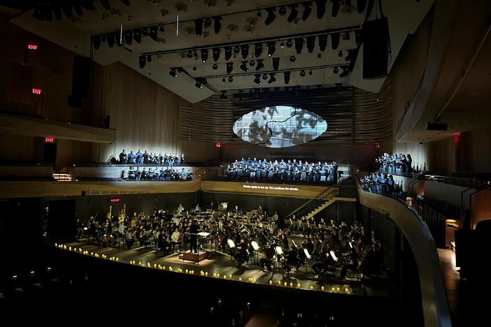 A rehearsal of <em>Émigré </em>by the New York Philharmonic at Lincoln Center's David Geffen Hall on Wednesday.