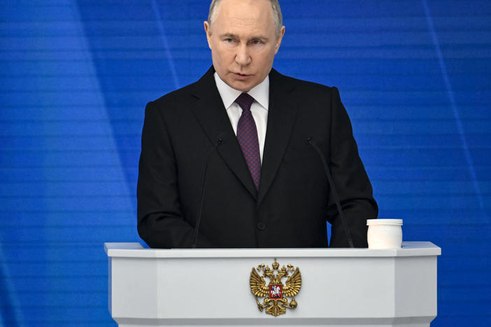 Russian President Vladimir Putin delivers his annual state of the nation address in Moscow on Thursday.