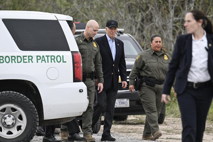 President Biden walks with Jason Owens, chief of the U.S. Border Patrol, in Brownsville, Texas, on Feb. 29.
