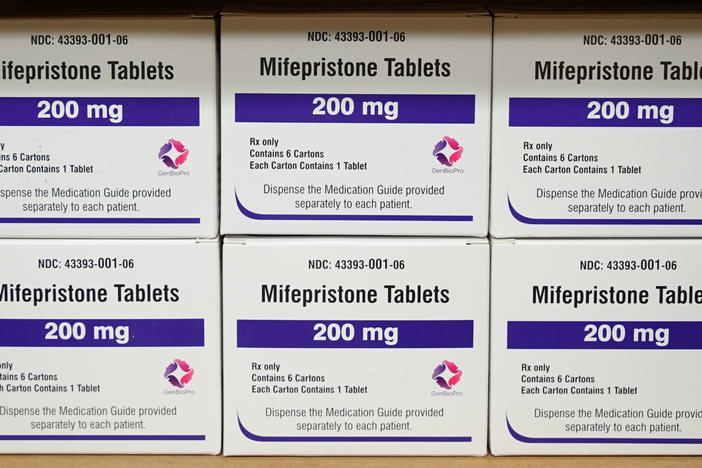 Boxes of the drug mifepristone sit on a shelf at the West Alabama Women's Center in Tuscaloosa, Ala., on March 16, 2022.