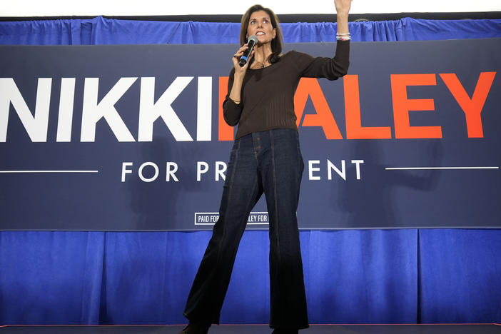 Republican presidential candidate and former U.N. Ambassador Nikki Haley speaks at a campaign event Thursday in Falls Church, Va.