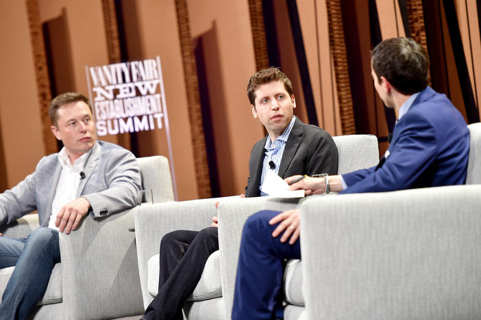 From left, Elon Musk, Sam Altman and Andrew Ross Sorkin, <em>New York Times</em> financial columnist, speak  during the Vanity Fair New Establishment Summit at Yerba Buena Center for the Arts on Oct. 6, 2015, in San Francisco.