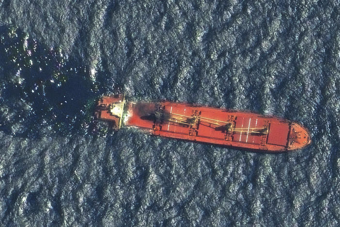 This satellite image taken by Maxar Technologies shows the Belize-flagged ship Rubymar in the Red Sea on Friday. The Rubymar, earlier attacked by Yemen's Houthi rebels, has sunk after days of taking on water, officials said Saturday.