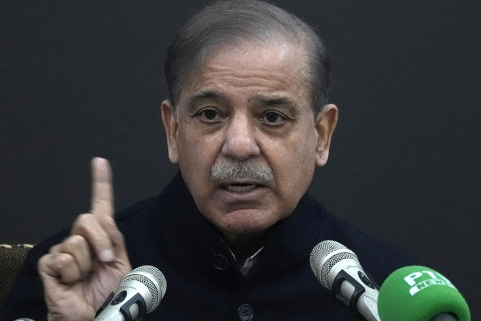 FILE - Pakistan's former Prime Minister Shehbaz Sharif speaks during a press conference regarding parliamentary elections, in Lahore, Pakistan, Tuesday, Feb. 13, 2024. Lawmakers in Pakistan's National Assembly elected Sunday, March 3, Shehbaz Sharif as the country's new prime minister for the second time.