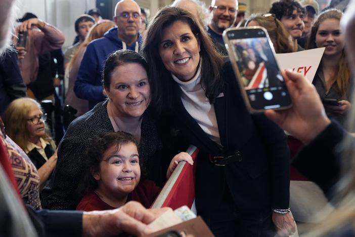 Republican presidential candidate former U.N. Ambassador Nikki Haley poses for a selfie after speaking at a campaign event in South Burlington, Vermont, Sunday, March 3, 2024.