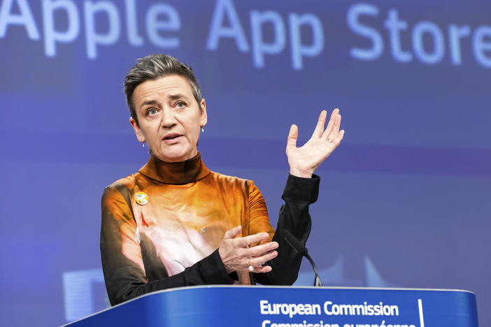 EU Commission vice president Margrethe Vestager addresses the media about Apple Music streaming services at EU headquarters in Brussels on Monday.