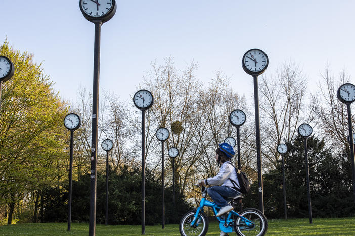 The <em>Zeitfeld</em> (<em>Time Field</em>) clock installation by Klaus Rinke is seen at a park in Düsseldorf, Germany, in 2019.