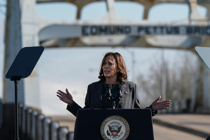 U.S. Vice President Kamala Harris speaks on the 59th commemoration of "Bloody Sunday" in Selma, Ala., on Sunday.