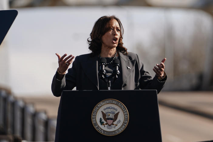 Vice President Kamala Harris speaks on the 59th commemoration of the Bloody Sunday Selma bridge crossing on Sunday in Selma, Ala. Harris called for an "immediate ceasefire" in Gaza in her remarks but reiterated that Israel has "a right to defend itself."