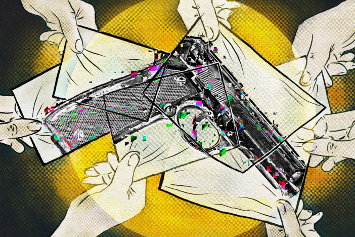 A digital illustration of a circle of hands extending from the edge of the image, each holding a sheet of paper. The papers overlap in the center and, like a puzzle, come together to reveal a drawing of a handgun.